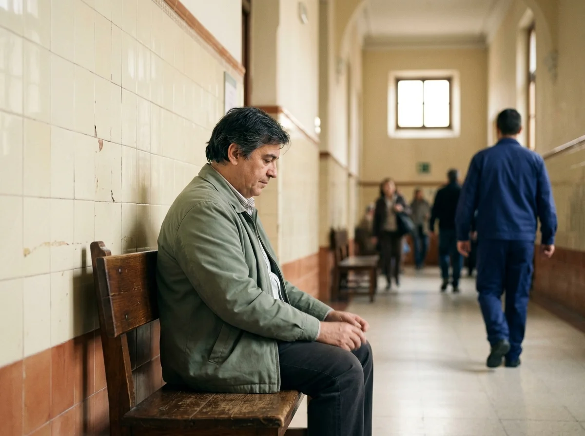 Pasillo institucional con una persona sentada en un banco contra una pared de azulejos, figuras pasando borrosas al fondo.