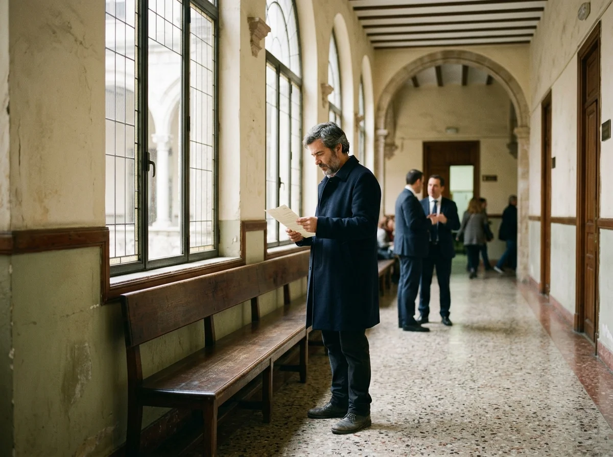 Pasillo de juzgado con un hombre de pie junto a un banco largo leyendo un papel doblado, ventanales altos al fondo.