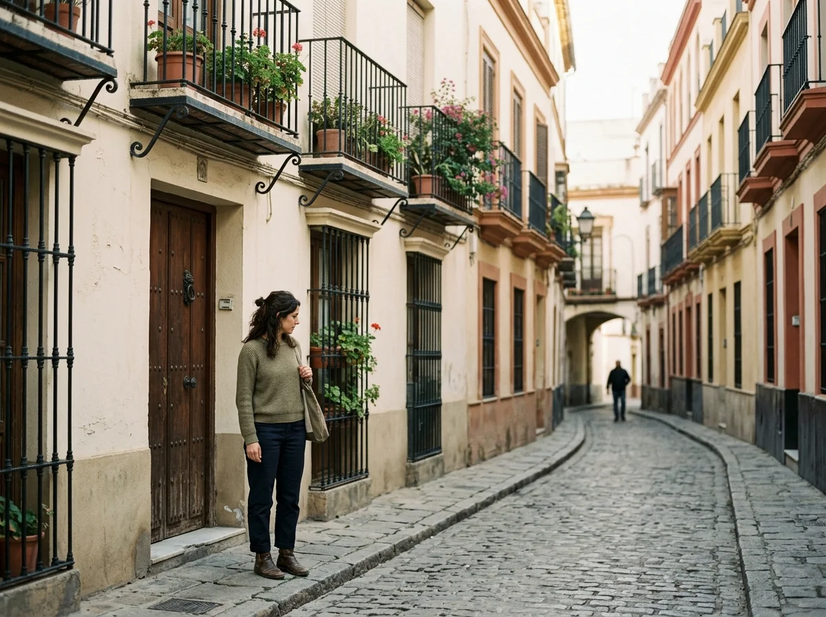 Calle residencial con una mujer de pie ante el portal cerrado de un edificio con balcones, figura alejándose al fondo.