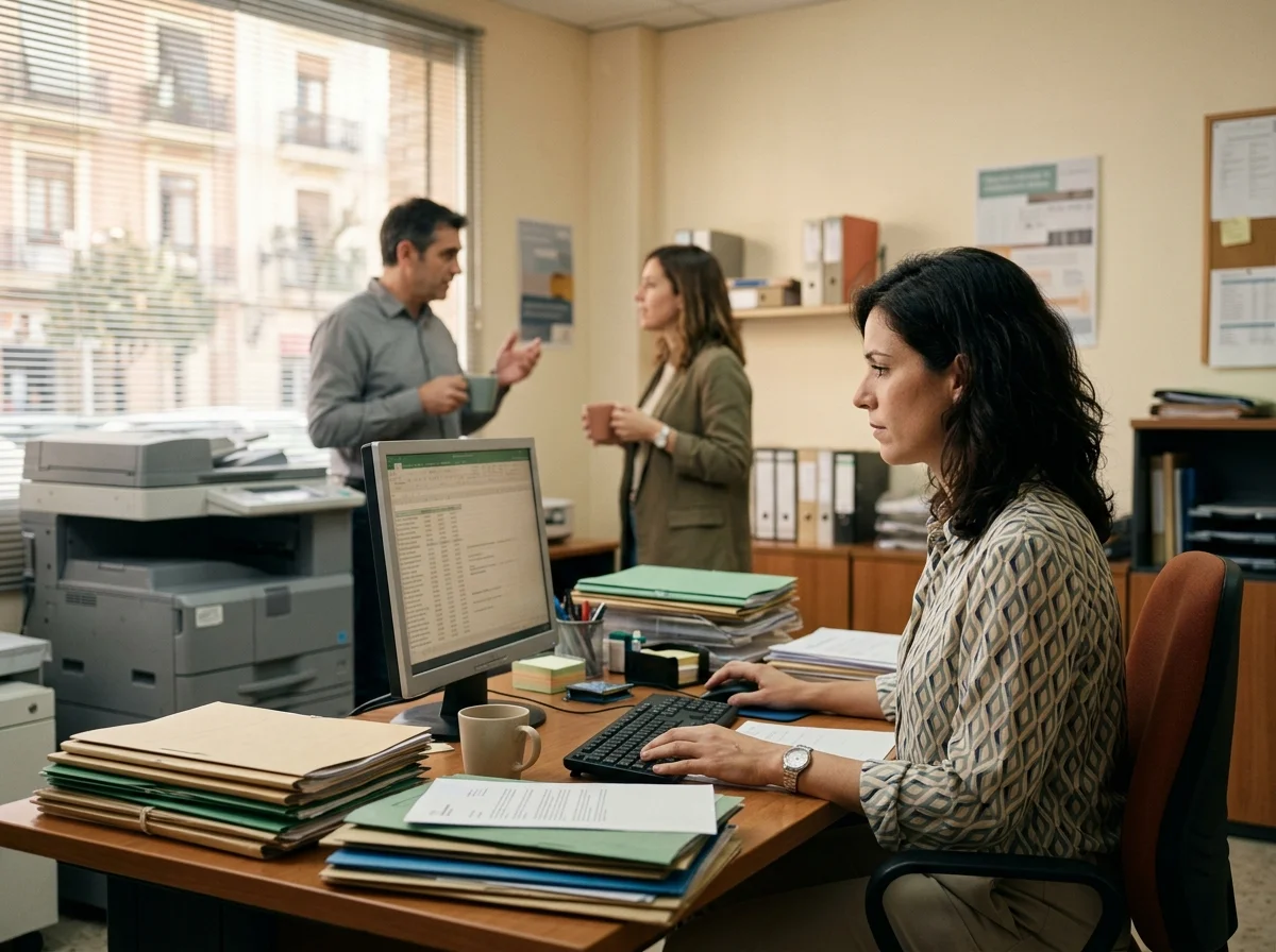 Mujer trabajando en una oficina administrativa con documentos, mientras dos compañeros conversan al fondo cerca de la fotocopiadora.