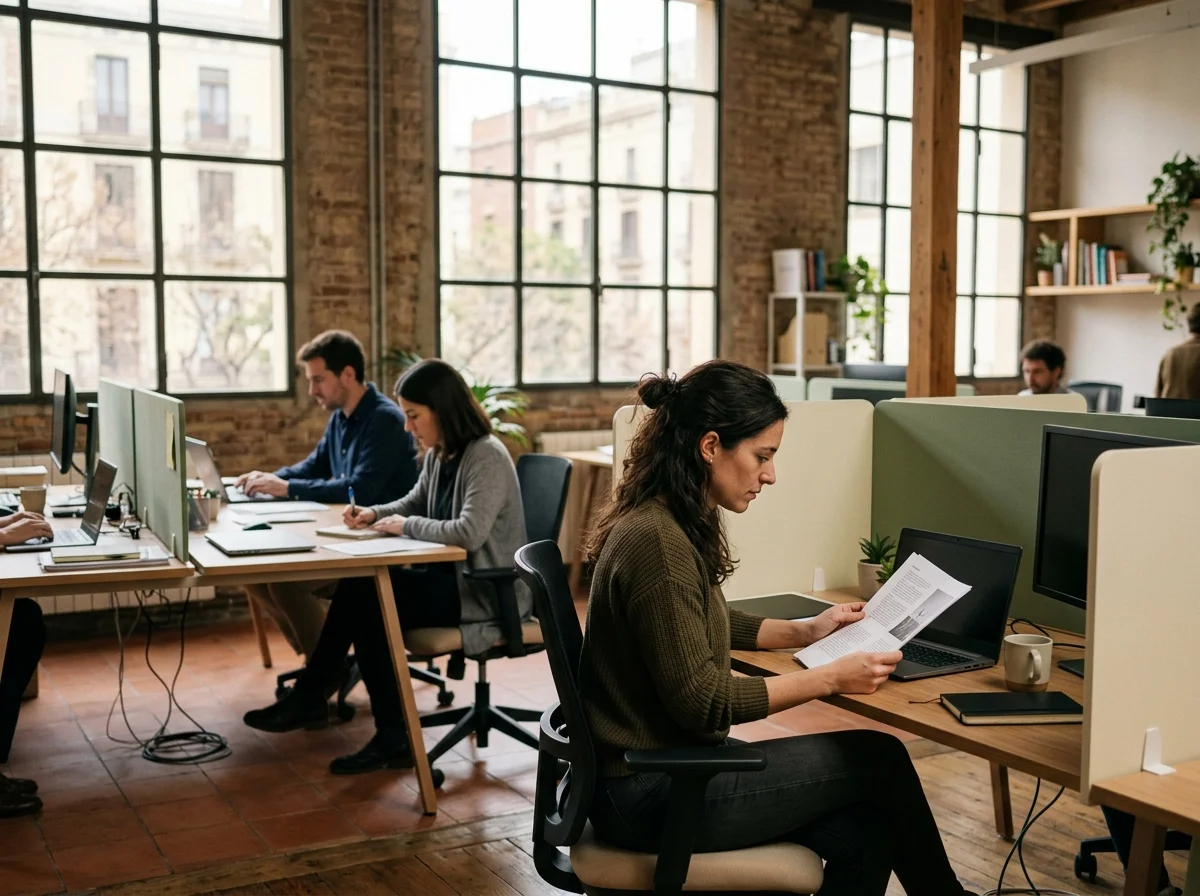 Mujer en un espacio de coworking de una empresa tecnológica revisando documentación impresa, con dos compañeros desenfocados al fondo.