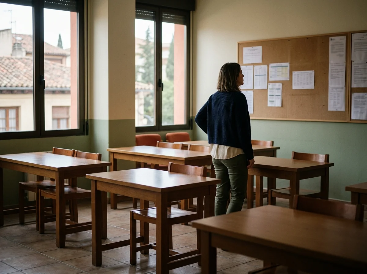 Mujer leyendo un tablón con calendarios de cursos en una sala de formación de la Administración pública.
