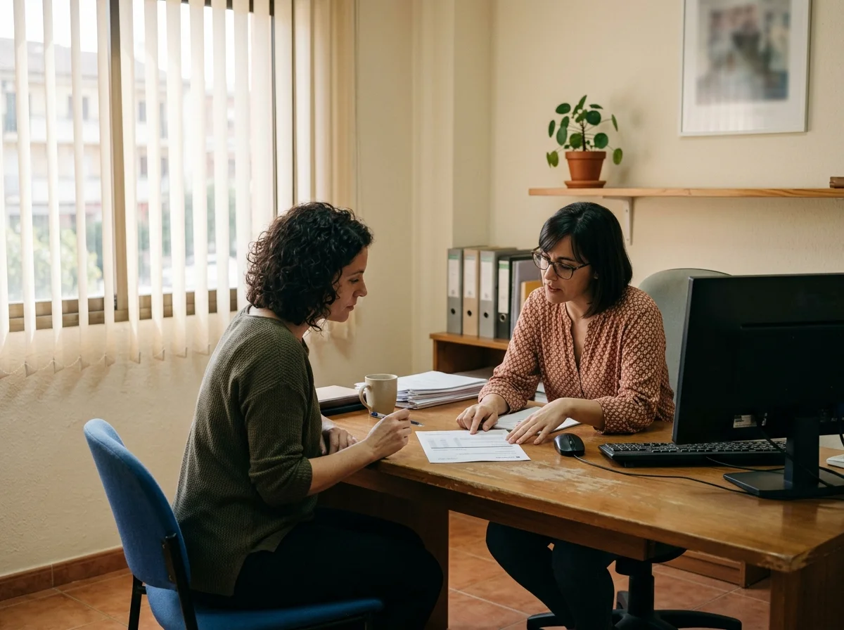 Mujer revisando un presupuesto impreso en una oficina de seguros, con la empleada al otro lado del escritorio.