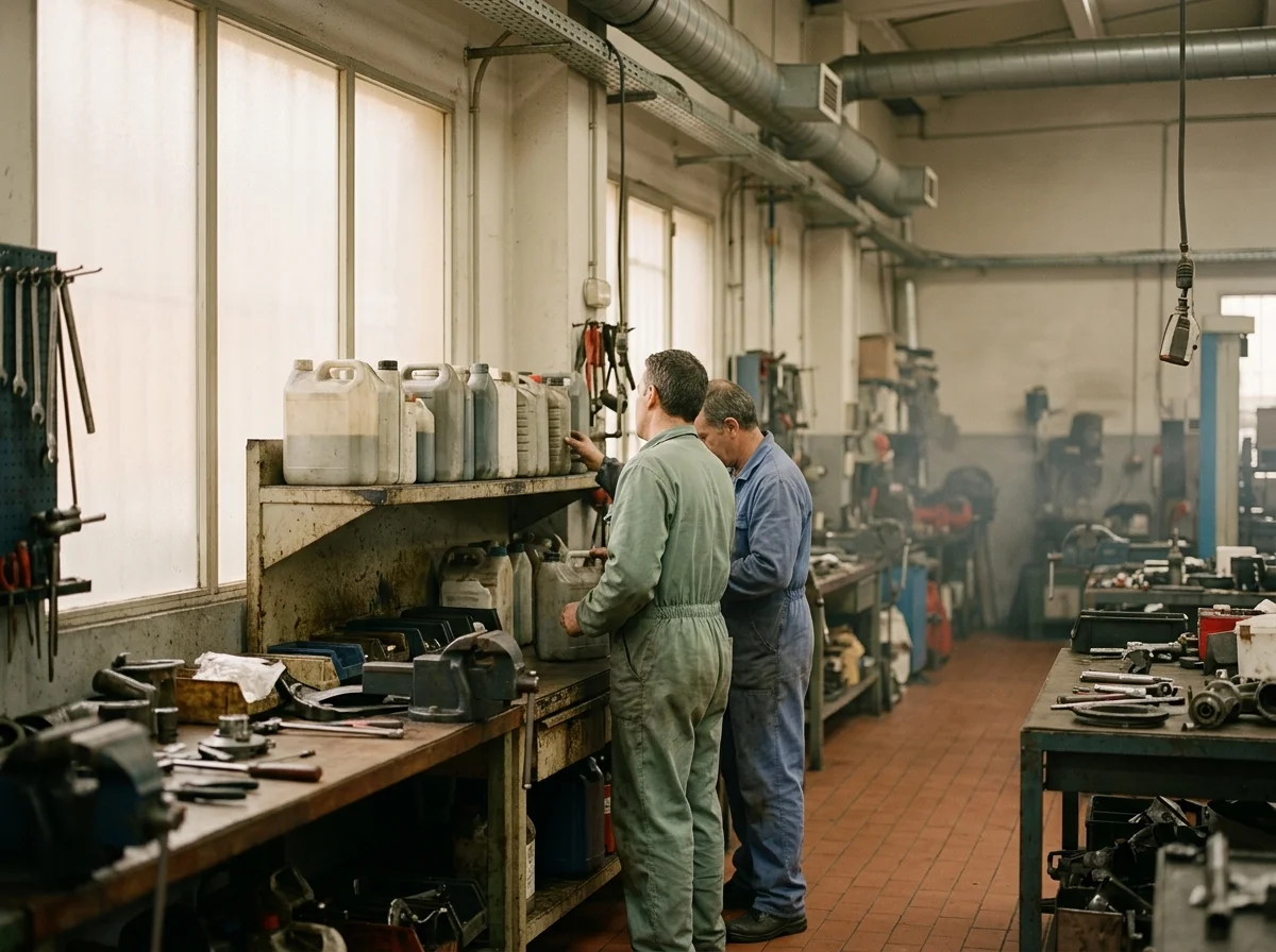 Dos trabajadores con monos de faena revisando una estantería con recipientes en un pequeño taller industrial con conductos de ventilación.