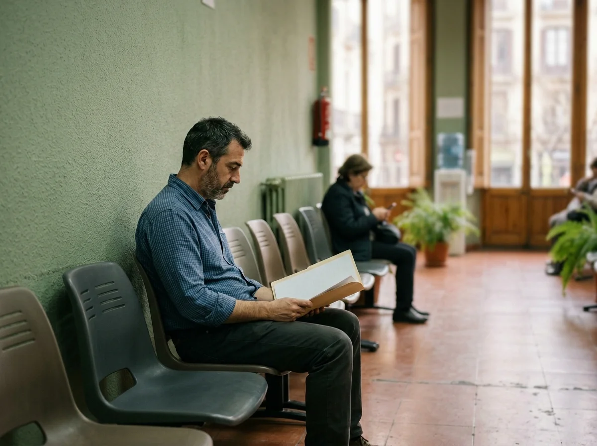 Hombre sentado en la sala de espera de una administración pública leyendo una carpeta, con otra persona al fondo consultando el móvil.