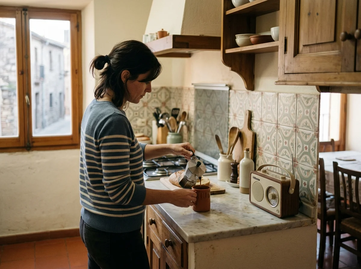 Mujer sirviendo café en la encimera de una cocina al amanecer mientras escucha una radio portátil, con luz suave entrando por la ventana.