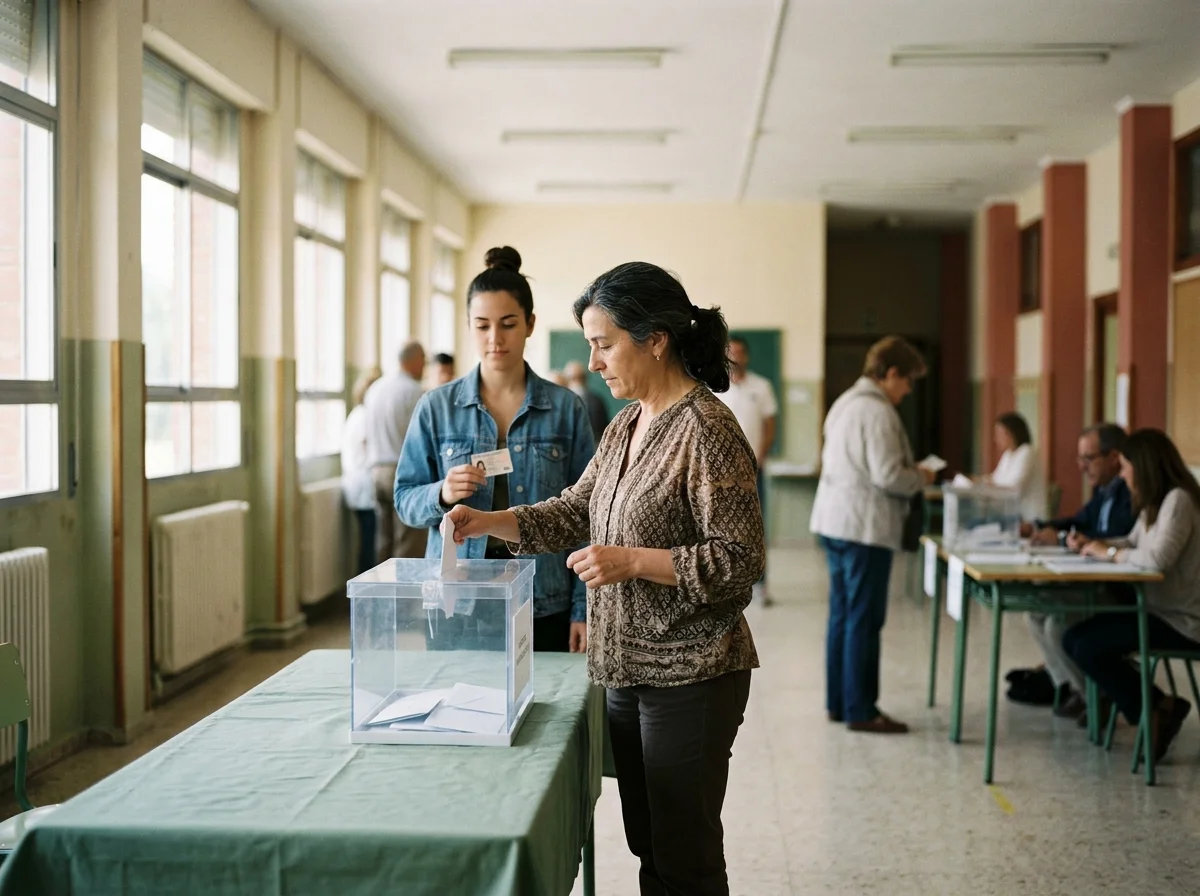 Mujer adulta introduciendo un sobre en una urna electoral en un colegio español, con una joven esperando su turno detrás.