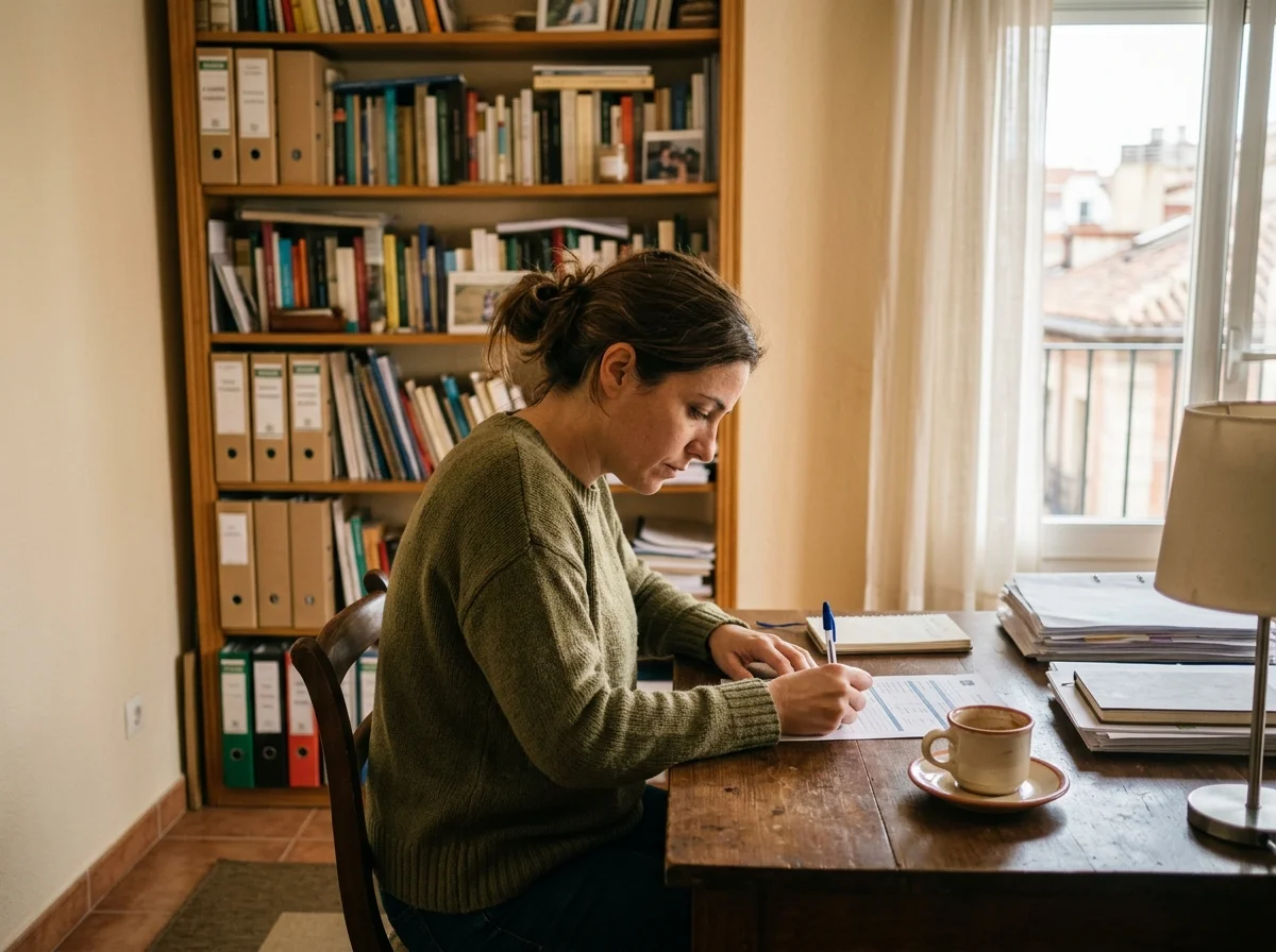 Mujer joven escribiendo un formulario sobre un escritorio doméstico, con una taza de café y una estantería con archivadores al fondo.