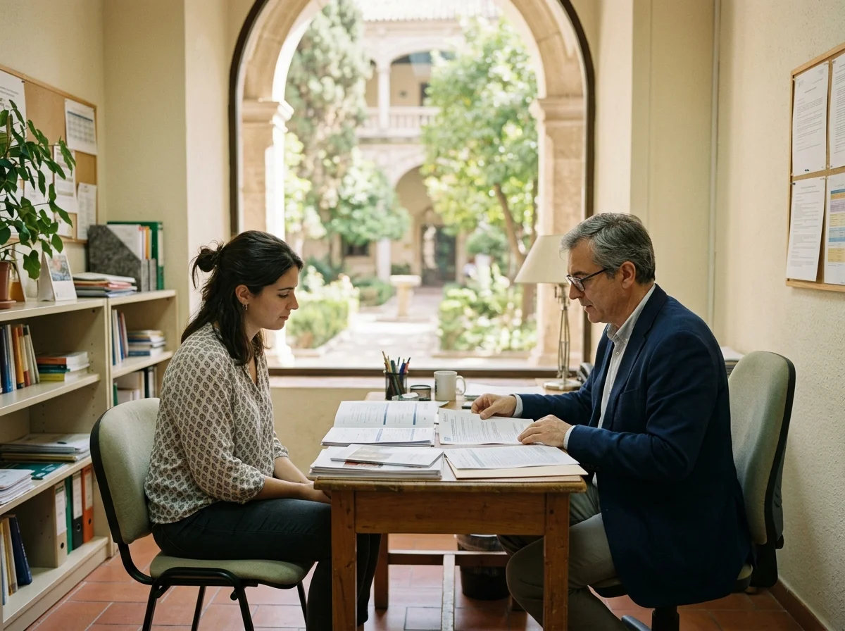 Estudiante y gestora universitaria revisando documentos sobre un escritorio en una oficina con vistas al patio.