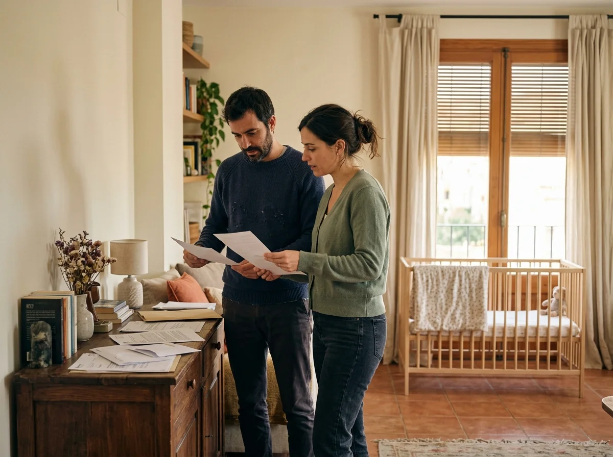 Pareja en el salón de pie junto a un mueble revisando documentos, con una cuna de madera vacía desenfocada al fondo.