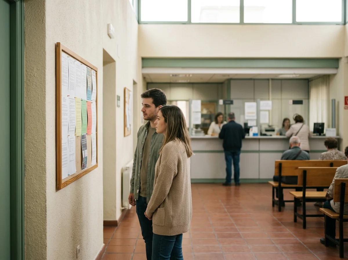 Pareja joven de pie ante un panel informativo en la sala de espera de un registro civil, con personal administrativo desenfocado al fondo.