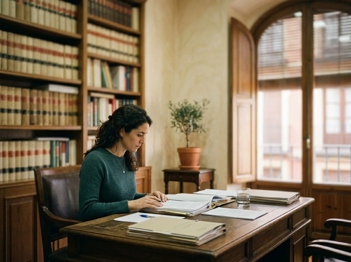 Mujer adulta sentada sola ante el escritorio de una abogada revisando documentos legales, con una estantería de libros jurídicos desenfocada al fondo.