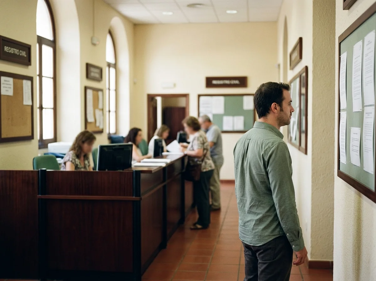 Hombre adulto de pie leyendo un panel informativo en el mostrador de un registro civil, con personal administrativo desenfocado al fondo.