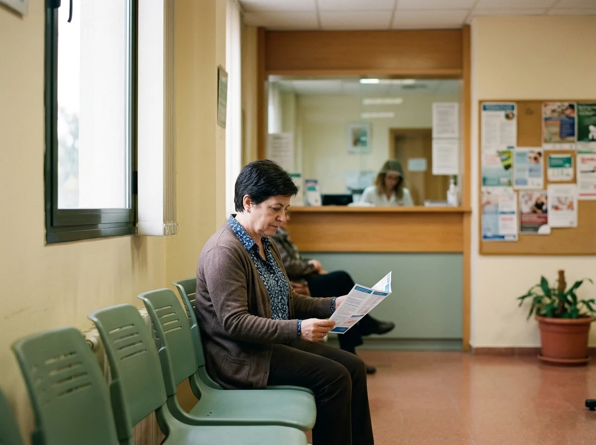 Mujer leyendo un folleto en la sala de espera de un centro de salud público, con mostrador y panel informativo desenfocados al fondo.