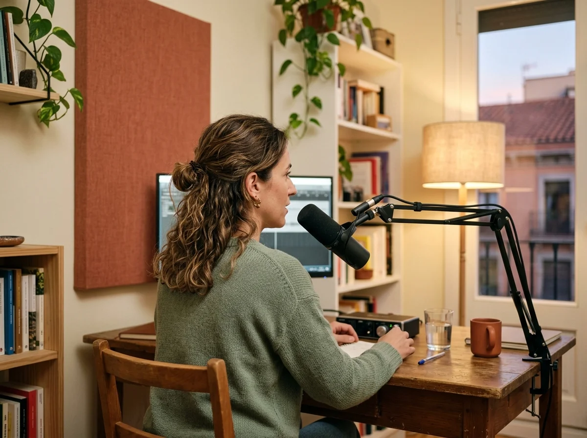 Mujer sentada de espaldas en un rincón de grabación doméstico con un micrófono de podcast y un monitor desenfocado al fondo.
