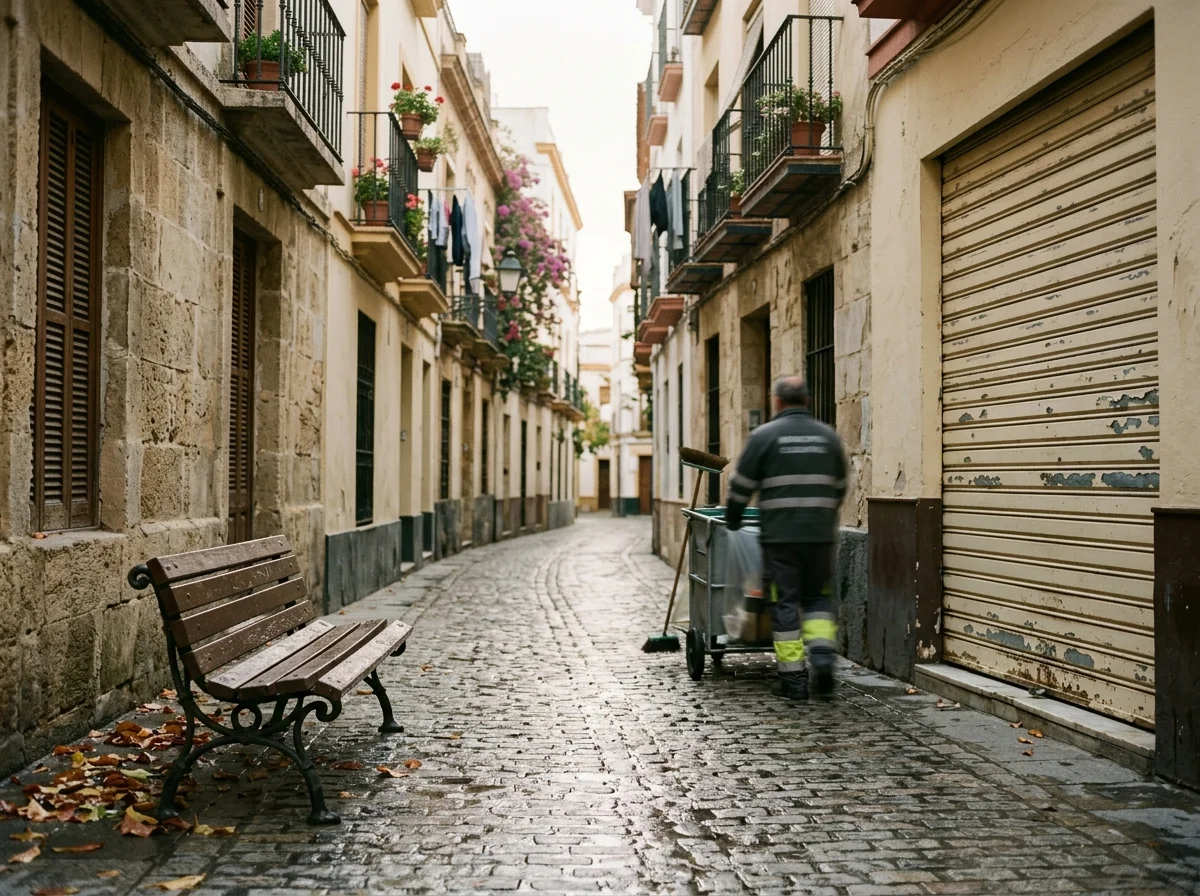 Banco de piedra y madera vacío en una calle urbana al amanecer, con un operario de limpieza desenfocado empujando un carro al fondo.