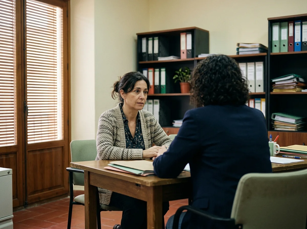 Mujer sentada frente a una mesa de despacho con una trabajadora social de espaldas a la cámara en una oficina de servicios sociales.
