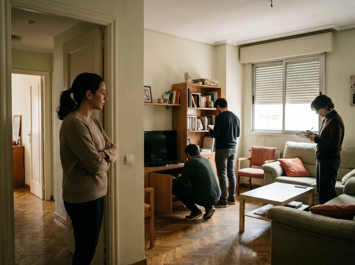 Mujer observando desde el pasillo cómo varias figuras de espaldas inspeccionan muebles de su salón, con una persona apartada tomando notas.