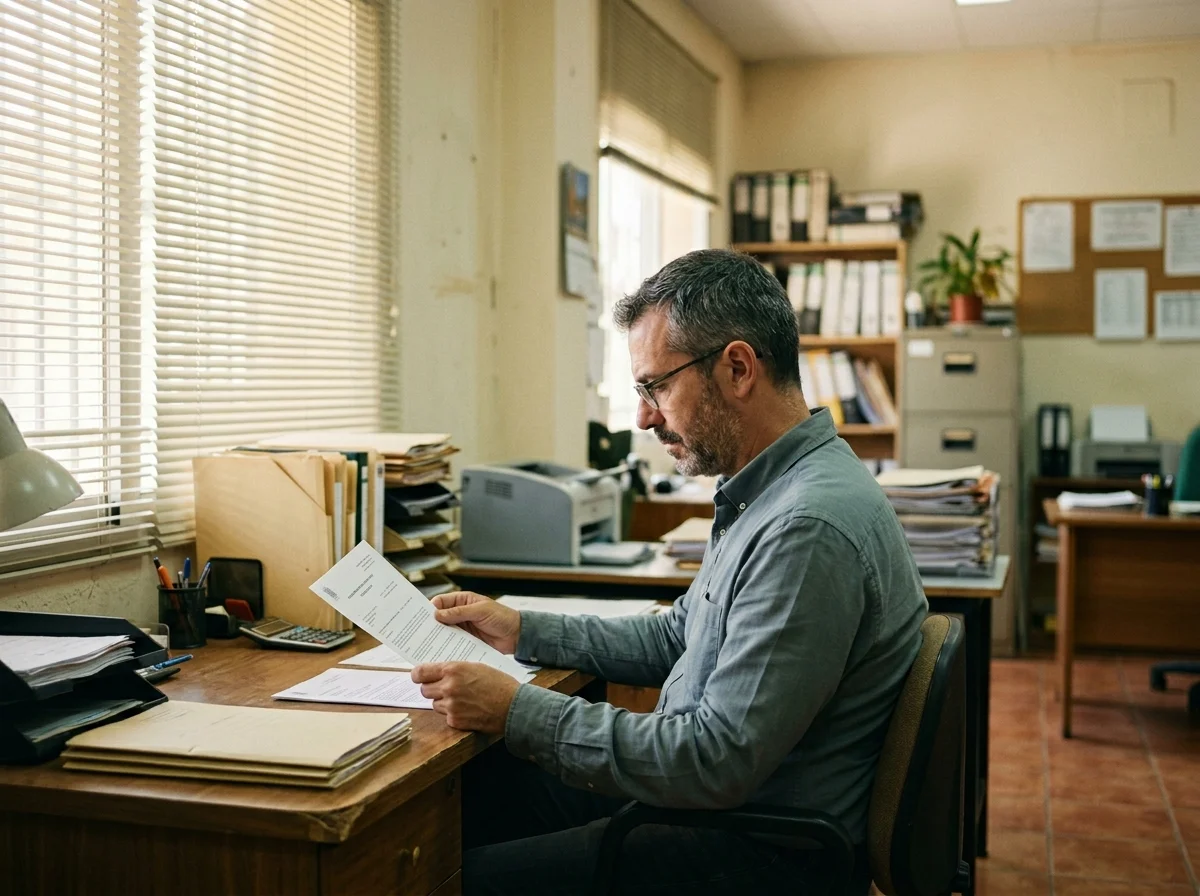 Hombre en la oficina de una pequeña empresa de transporte leyendo una resolución administrativa, con una impresora desenfocada al fondo.