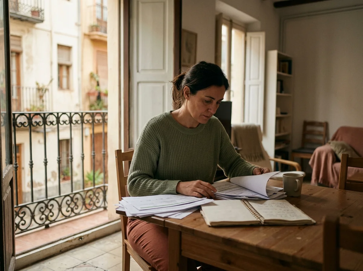 Mujer en una sala de estar revisando documentos administrativos junto a la mesa del comedor con luz natural lateral.