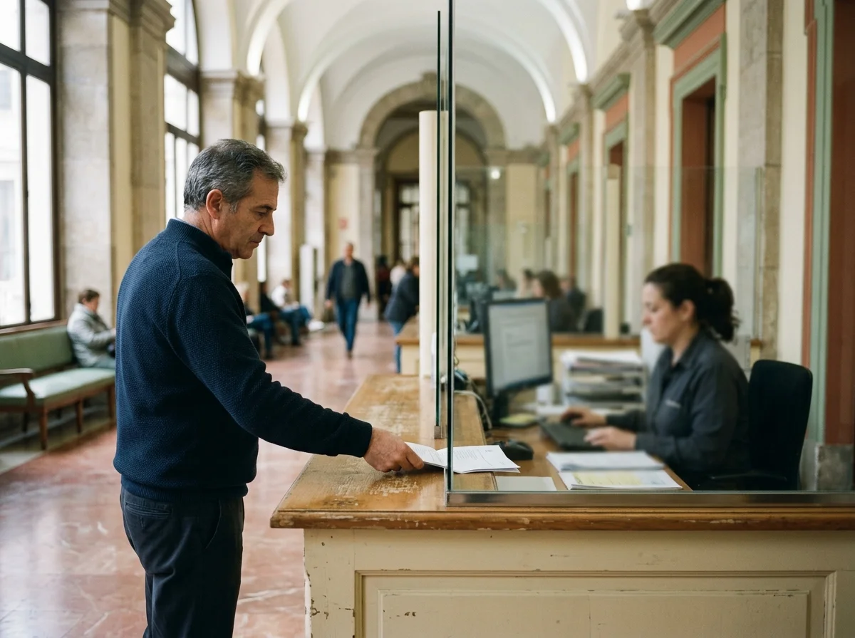Hombre presentando un escrito en el mostrador de una oficina pública, con un empleado tras un cristal al fondo.