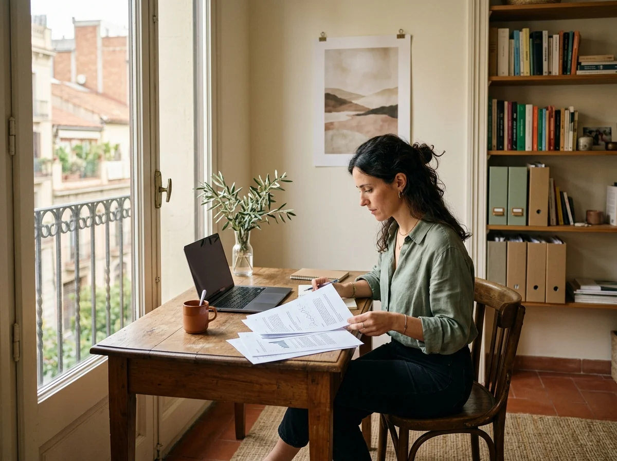 Mujer revisando documentos impresos sentada en un escritorio junto a una ventana en un piso luminoso.