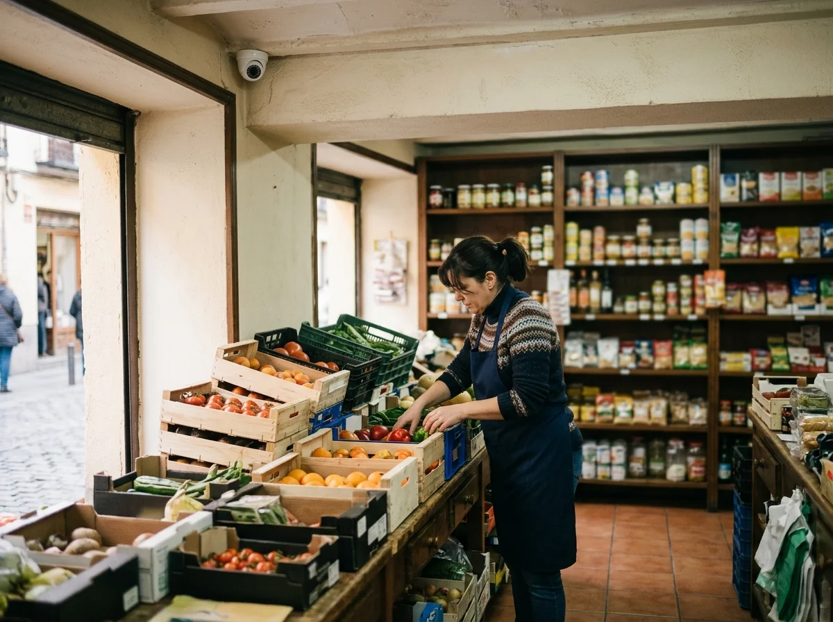 Mujer colocando cajas de fruta en el mostrador de una pequeña tienda con una cámara de seguridad visible en el techo.
