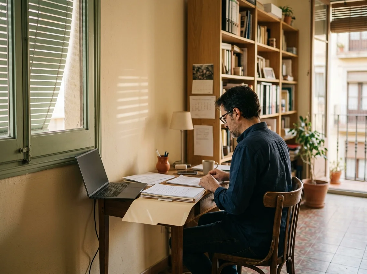 Hombre preparando documentación en una mesa de despacho de un piso con luz suave de tarde.