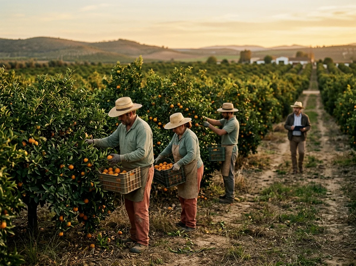 Cuadrilla de jornaleros recogiendo fruta en una finca rural andaluza durante el atardecer.