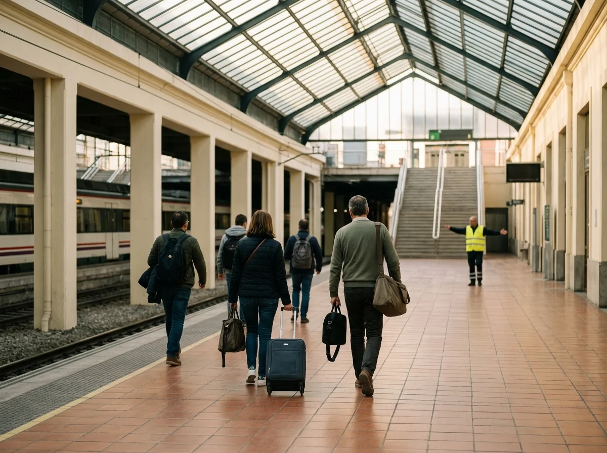 Andén de estación de cercanías con varios viajeros caminando hacia las salidas durante una evacuación, con una figura de servicio al fondo.
