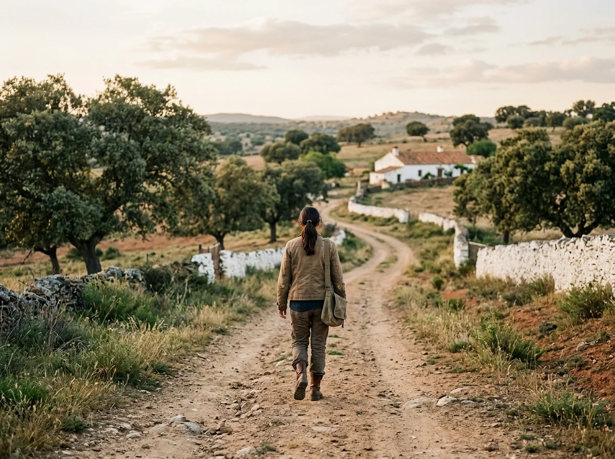 Mujer adulta caminando de espaldas por una pista de tierra en una dehesa extremeña al atardecer, junto a un muro de piedra.