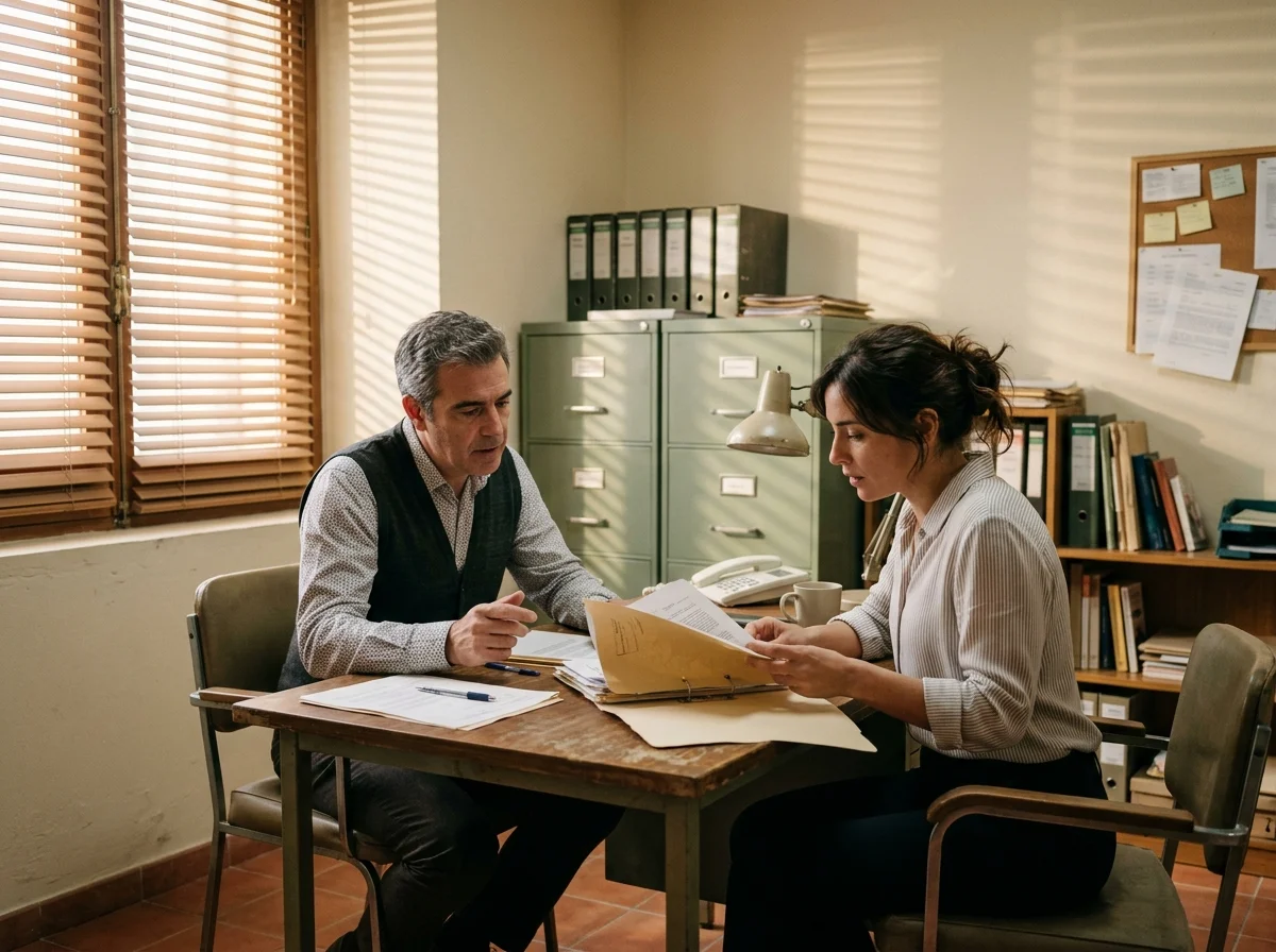 Dos personas adultas conversando frente a un escritorio en un despacho profesional con persianas de madera filtrando la luz.