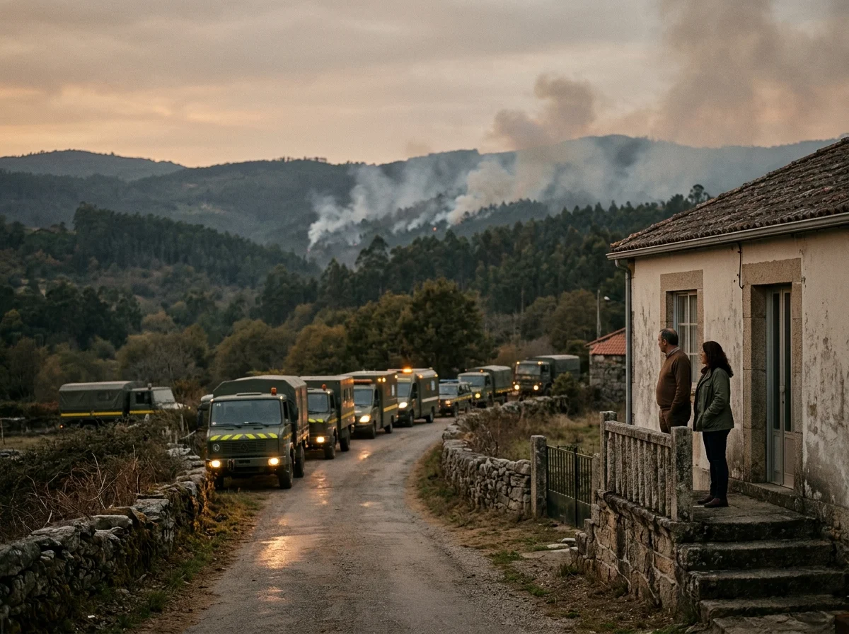 Vehículos militares de emergencia en una carretera rural al atardecer, con humo en las colinas al fondo y vecinos observando desde un porche.