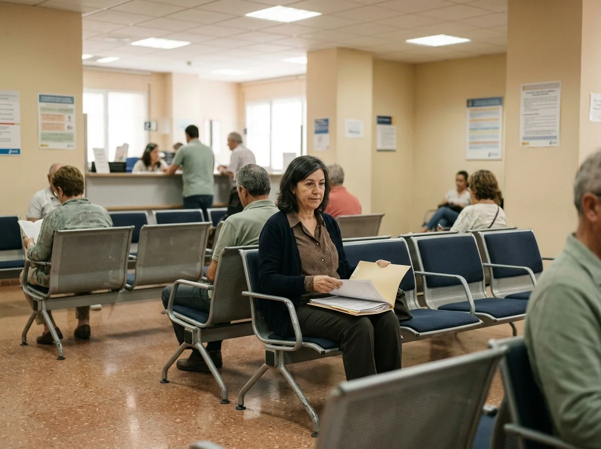 Mujer adulta esperando turno en una oficina provincial de Tráfico, sentada en una hilera de sillas con una carpeta de documentos.