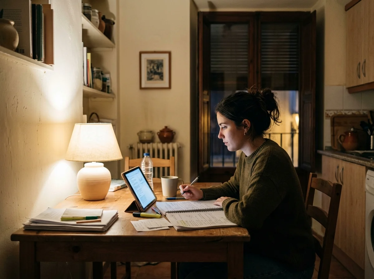 Mujer joven sentada a la mesa de la cocina por la noche estudiando con una tableta y un cuaderno bajo una lámpara cálida.