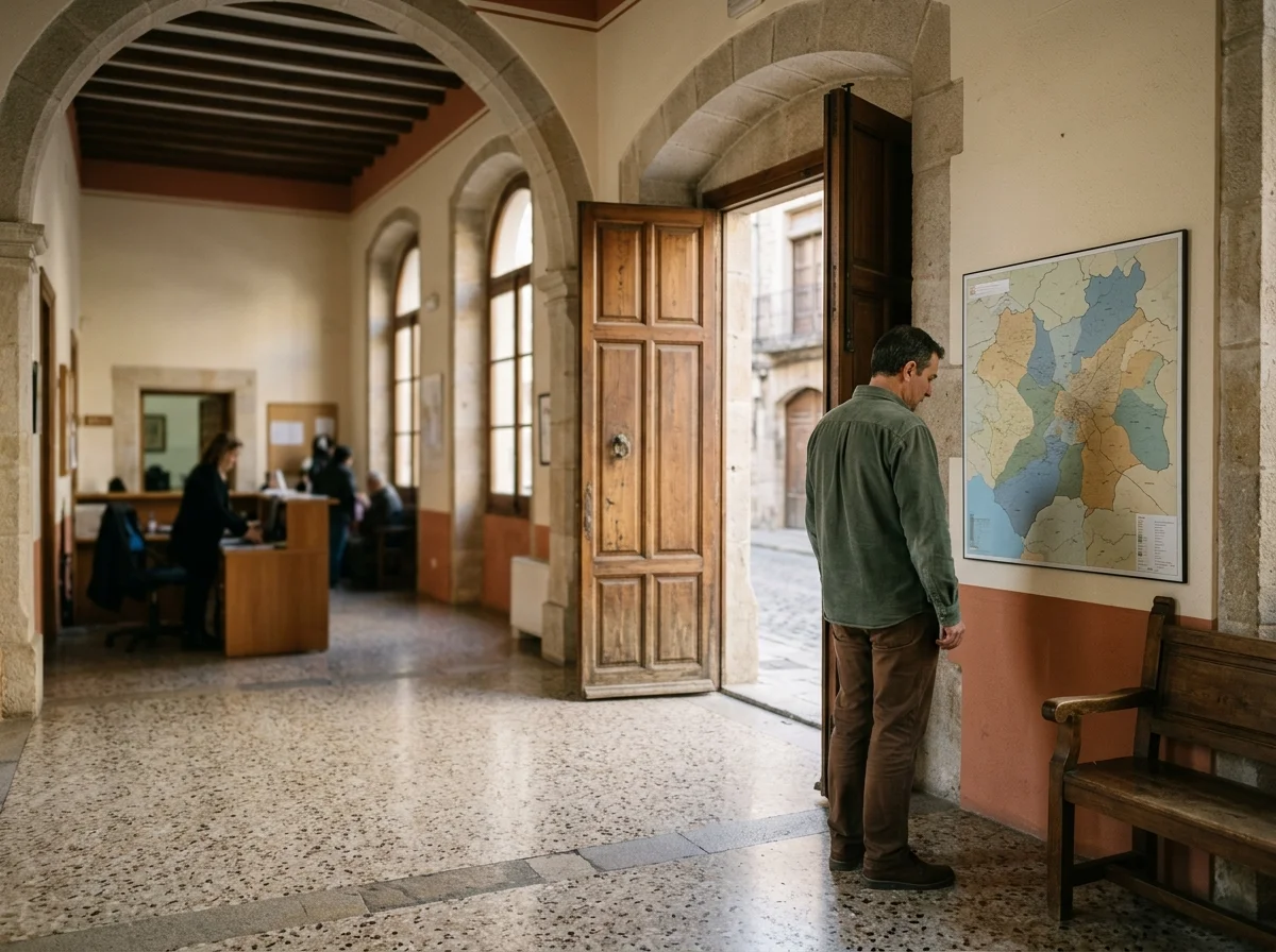 Vecino consultando un mapa de inundabilidad expuesto en el vestíbulo del ayuntamiento, con personal de atención al público al fondo.