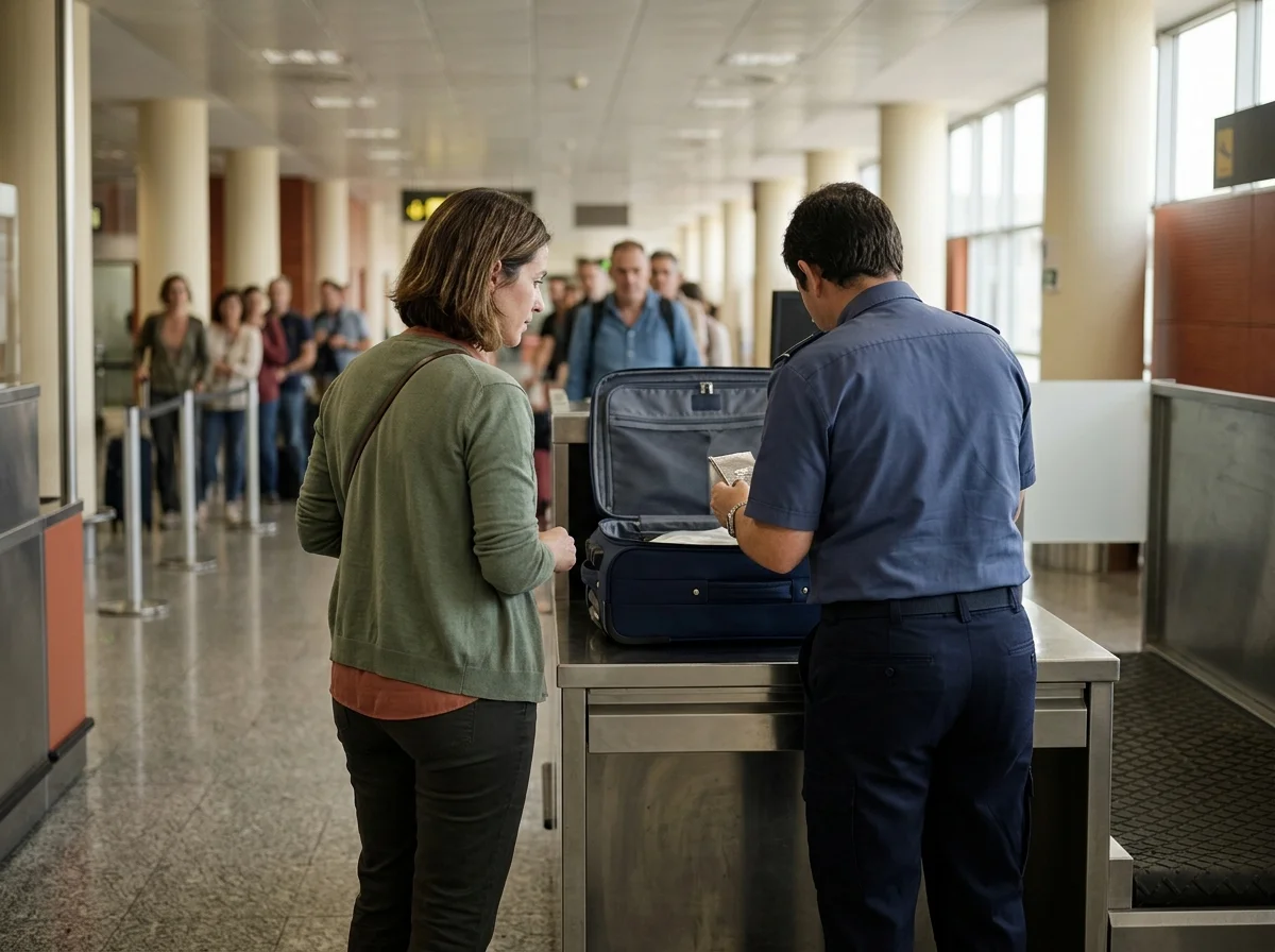 Pasajera en un control aduanero del aeropuerto, junto a una maleta abierta sobre una mesa, mientras un agente examina un objeto.