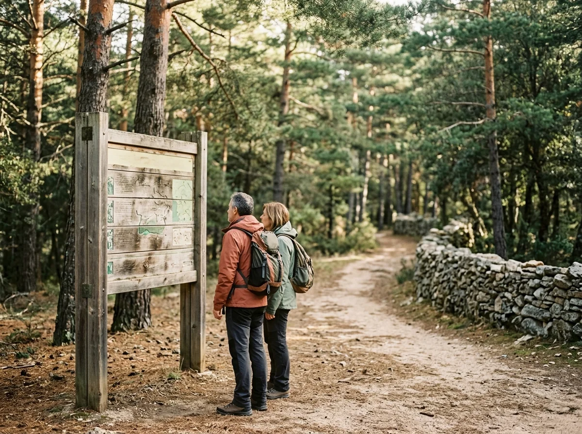 Dos senderistas con mochila leyendo un panel informativo de madera a la entrada de una ruta en un parque natural.