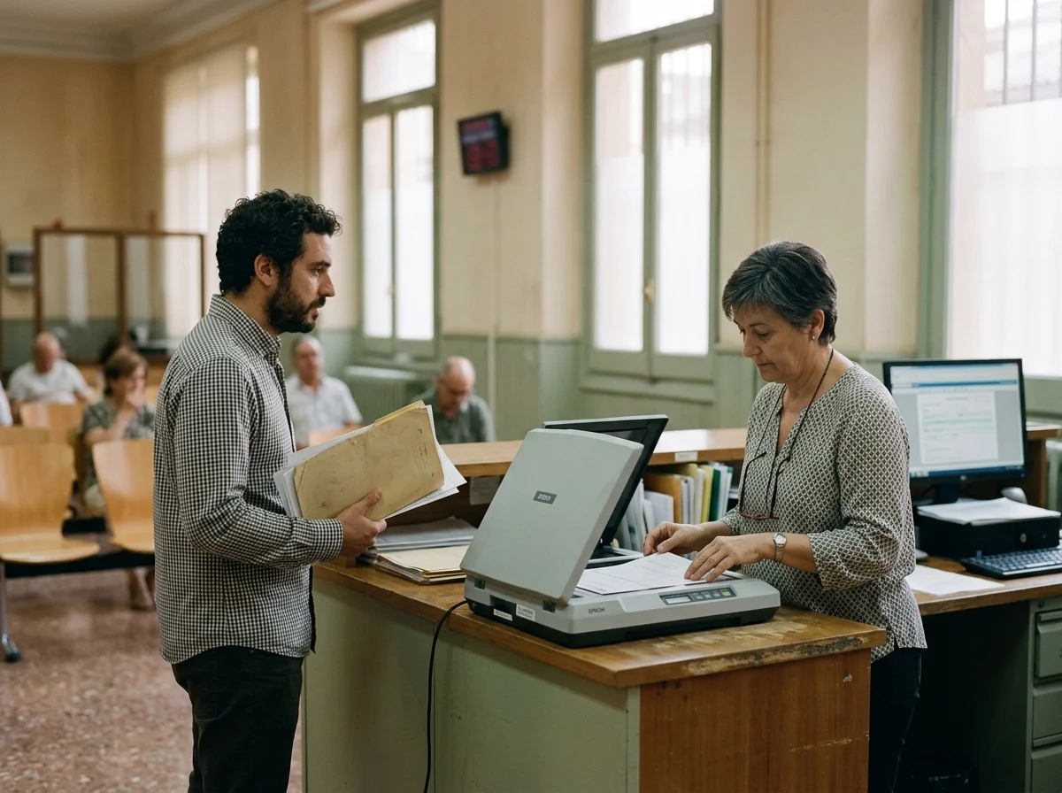 Funcionaria operando un escáner de documentos en el mostrador de un registro municipal, con un ciudadano esperando al otro lado.