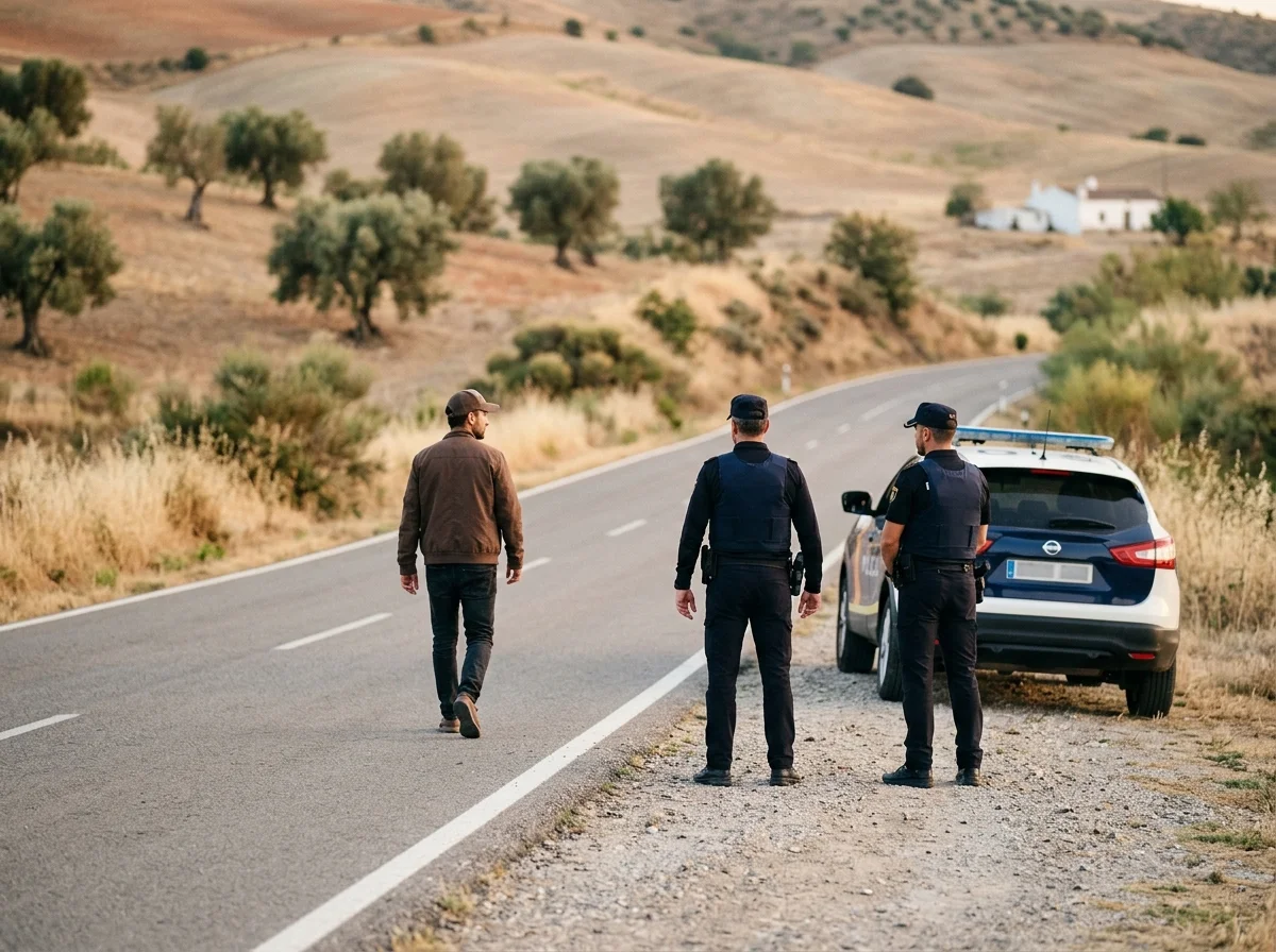 Dos agentes junto a un coche patrulla observan a un hombre que se aleja andando por una carretera rural, sin desenfundar el arma.
