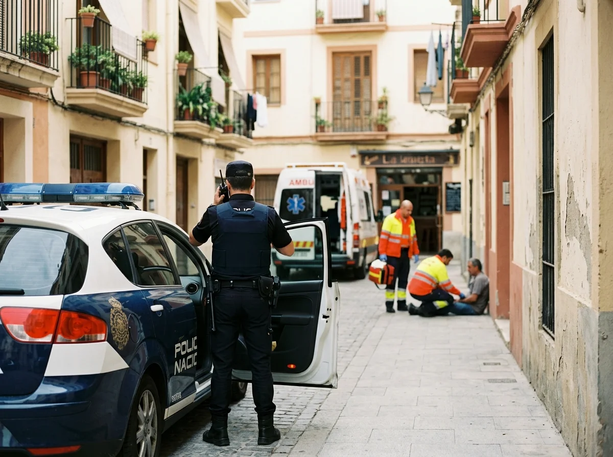 Un agente apoyado en el coche patrulla habla por la emisora mientras al fondo un equipo sanitario atiende a una persona sentada en la acera.