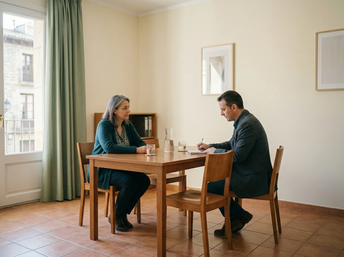 Una mujer adulta dialoga con otra persona que toma notas en una sala neutra de mediación.