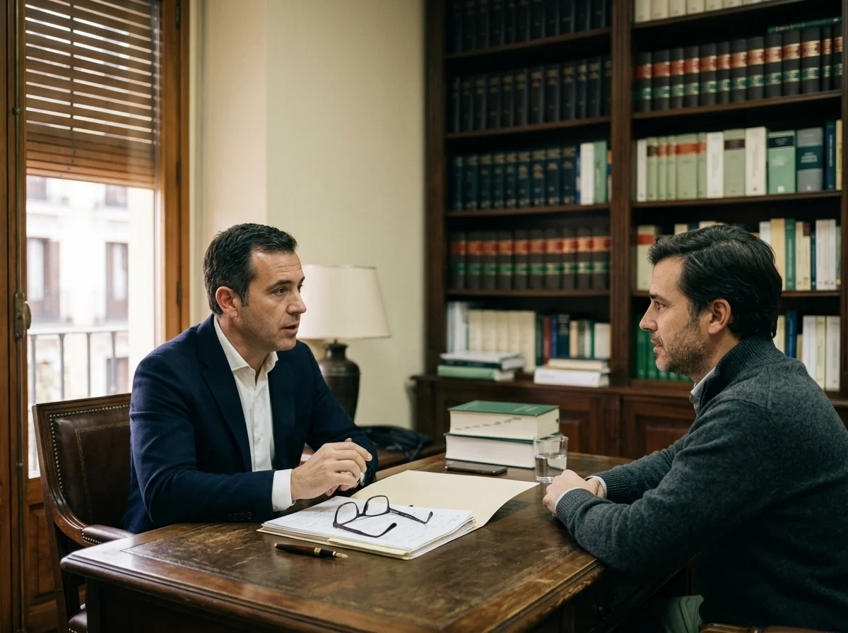 Un hombre adulto conversa con un abogado en un despacho con un expediente abierto sobre la mesa.