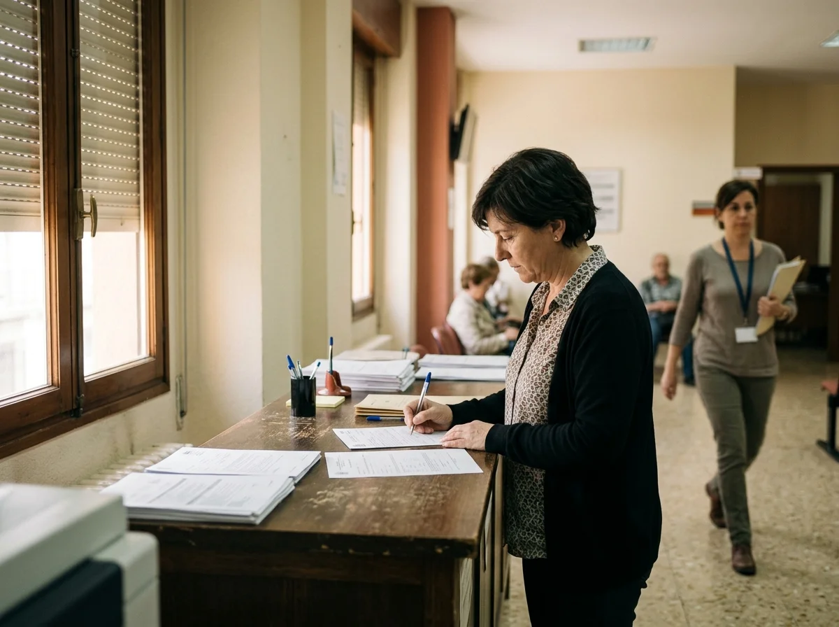 Una mujer adulta rellena un escrito en la ventanilla de una oficina pública autonómica.
