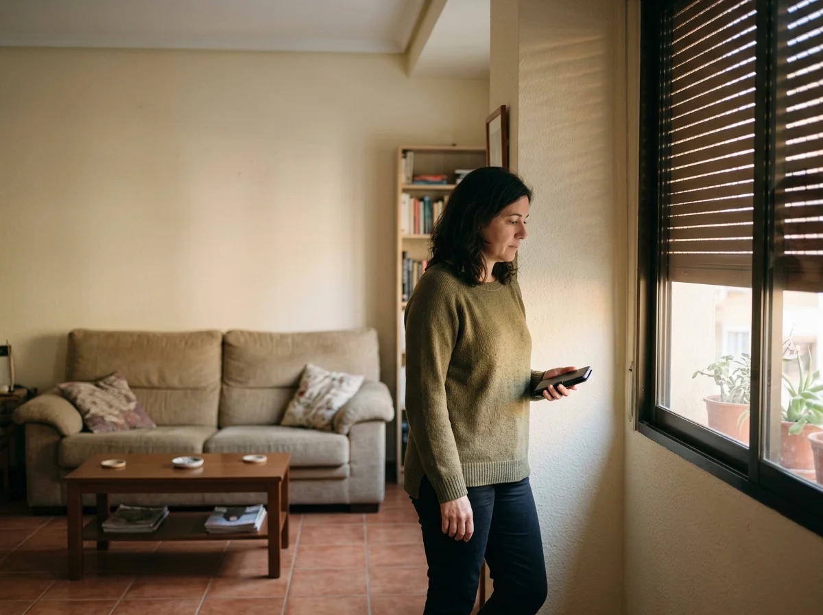 Mujer adulta de pie junto a una ventana del salón de su casa terminando una llamada telefónica.