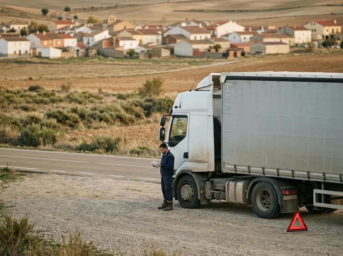 Camión de transporte detenido en una explanada al margen de una carretera secundaria, con el conductor consultando documentación y un pueblo al fondo.