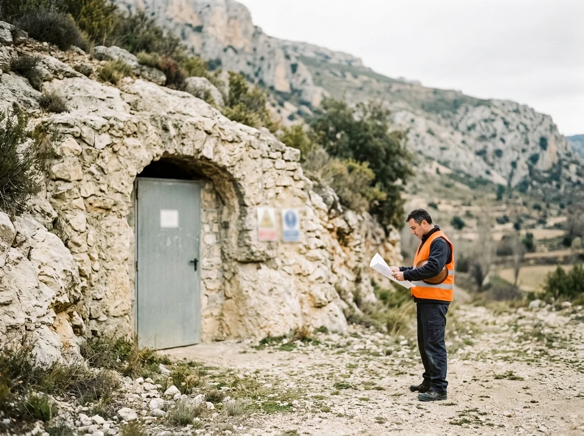 Ingeniero de obra junto a la puerta metálica de un acceso excavado en la ladera de una montaña, consultando un plano en una zona rural.
