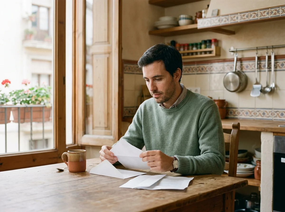 Hombre en la mesa de una cocina abriendo un sobre blanco junto a unos papeles y una taza, luz natural desde la ventana.