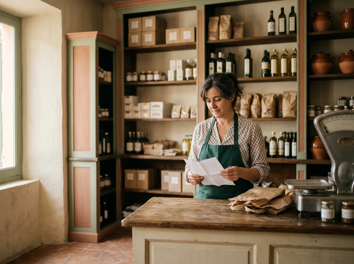 Mujer detrás del mostrador de un pequeño comercio leyendo una hoja doblada, estanterías con cajas genéricas al fondo, luz cálida de la tarde.