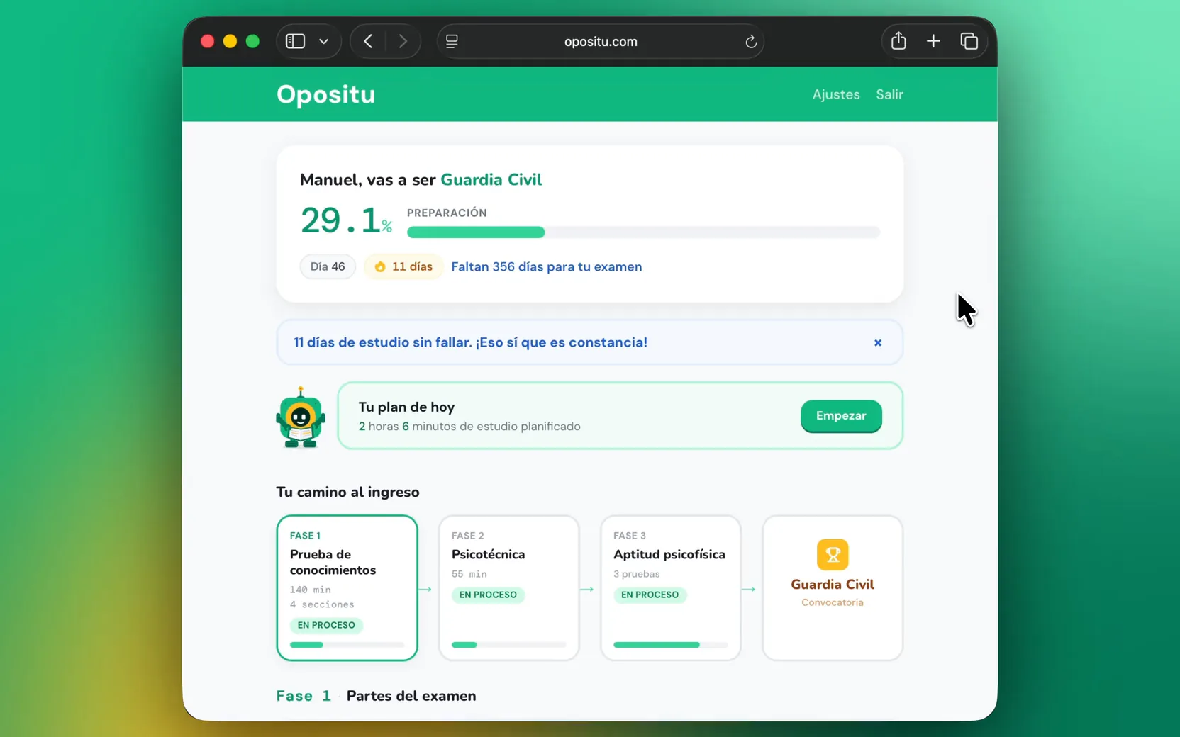 El panel con la preparación, la racha y el plan del día